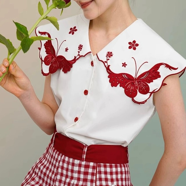 retro embroidery large lapel butterfly shirt【3color】0023