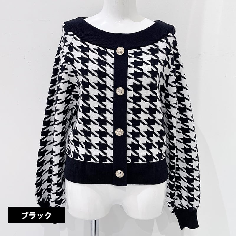 オフショル千鳥柄金ボタンニット レディース 千鳥柄 トップス オフ