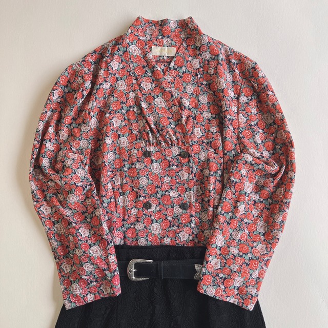 used レトロ 小花柄 ノーカラーブラウス 古着 ヴィンテージ vintage 