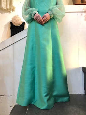 70's mint green organdy sleeve long dress beads embroidered