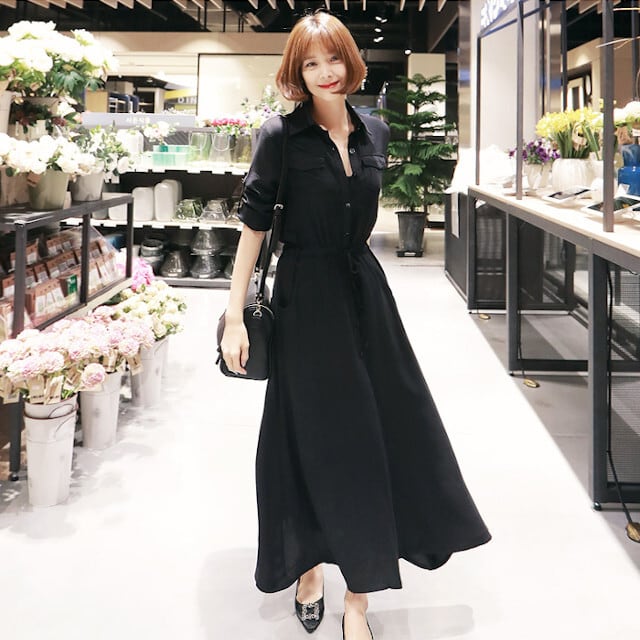 レディース ワンピース ロールアップシャツ ウエストシェイプ Aライン マキシ丈 ゆるカジ 無地 ロング 長袖 襟付き Aライン シャツワンピース フロントボタン ブラック S/M/L/XL