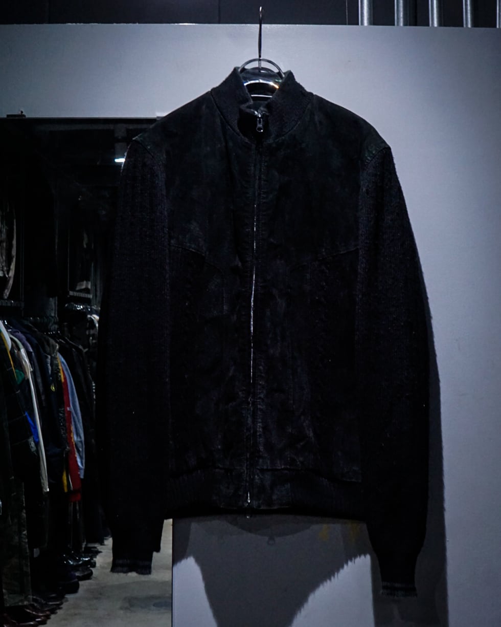 add (C) vintage】Suede Leather Switching Vintage Loose Zip Up Knit