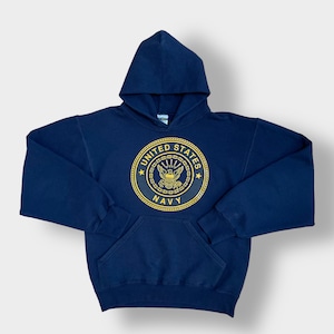 【SOFFE】90s USA製 リフレクター付き ロゴ プリント US NAVY バックプリント パーカー プルオーバー スウェット フーディー hoodie S ネイビー ソフィー 米軍 アメリカ軍 ミリタリー us古着