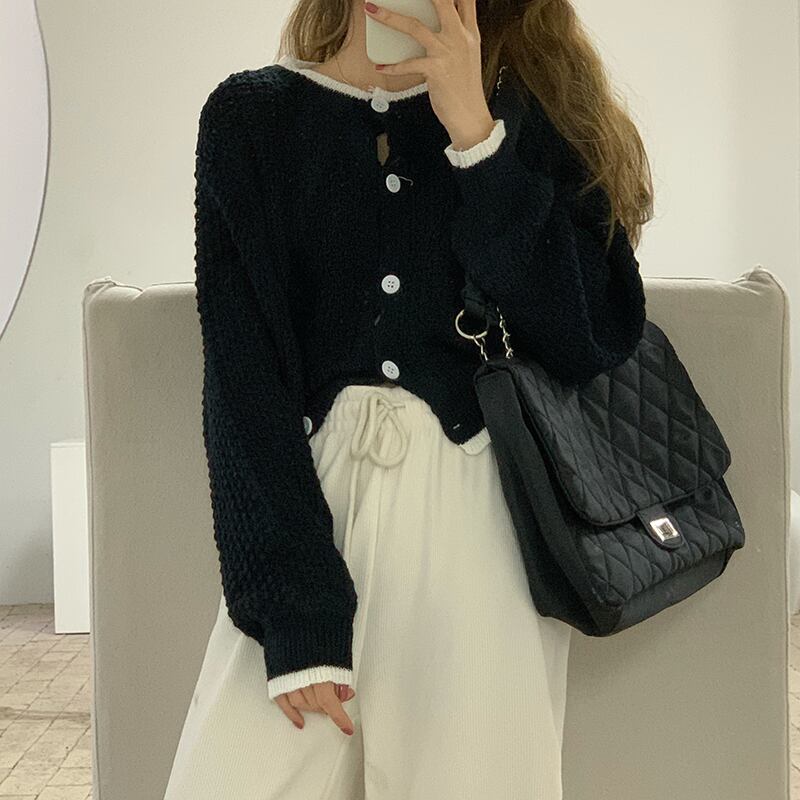 セーター ブラックスリムニットトップス スタンダードカーディガンジャケット レトロ オータム 秋物 ウィンター 冬物 ブラックストロベリース44853171805