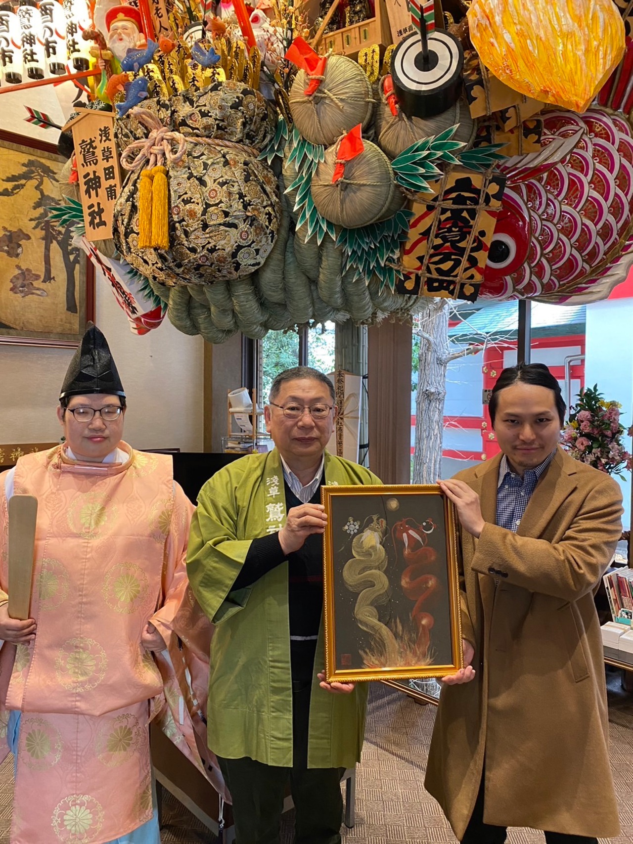 【神社奉納作品】一筆龍『双龍』セミオーダー制作サンプル★龍と天然石を身近に感じるアート・絵画 A3サイズ