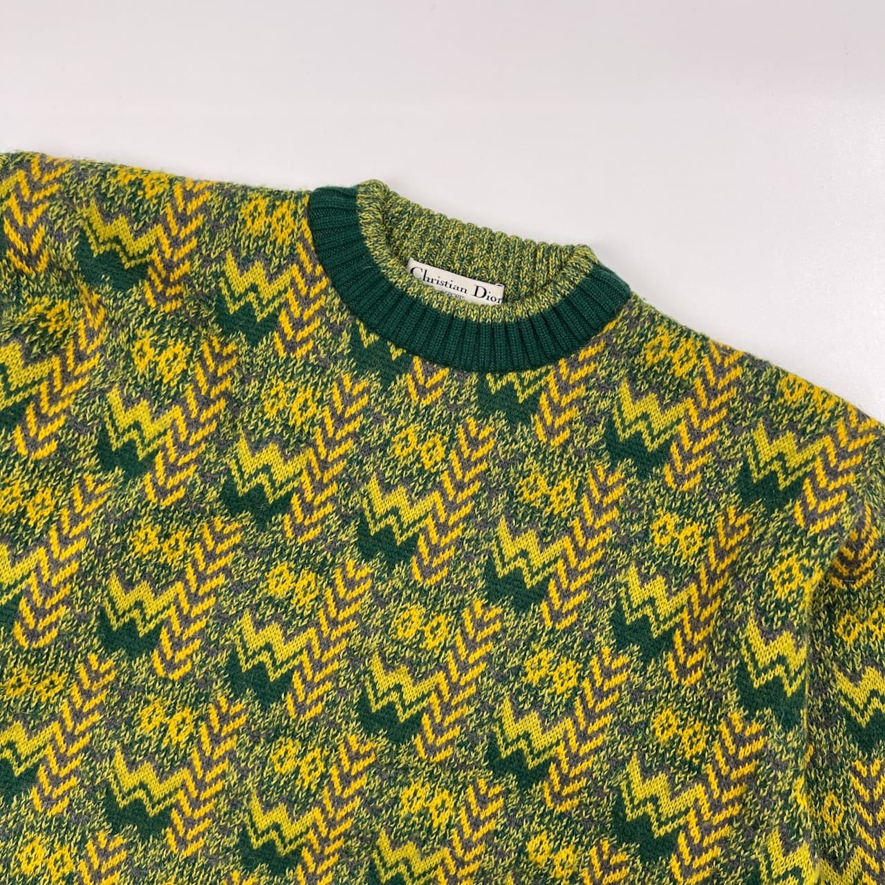90s ビンテージ Christian Dior クリスチャンディオール 総柄 ウールニットセーター サイズ M /オールド/グリーン系×イエロー系