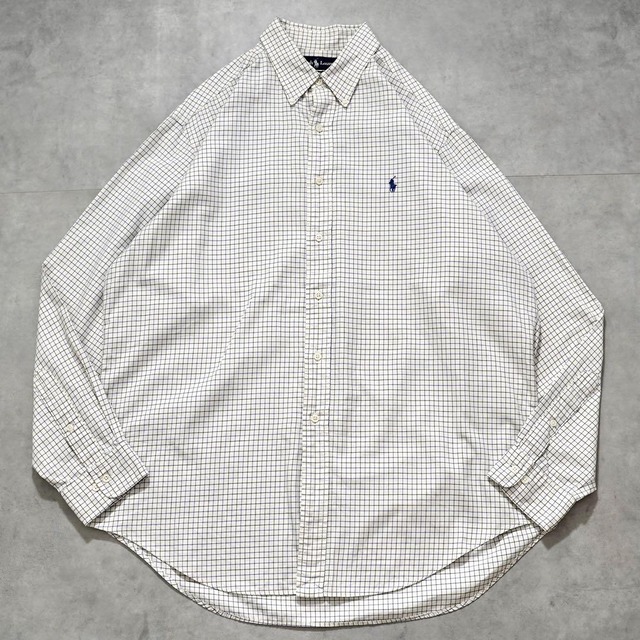 ラルフローレン チェックシャツ 古着 ポニー 刺繍 XL 白 紺 15880