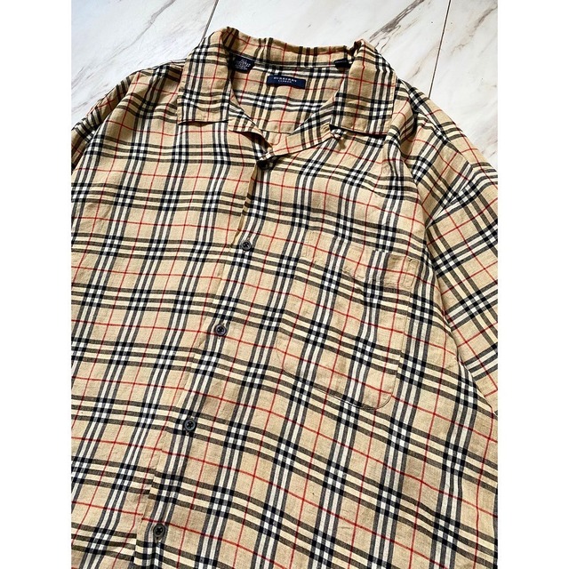 80s〜90s made in usa burberry london linen s/s nova check open collar shirt﻿  | protocol
