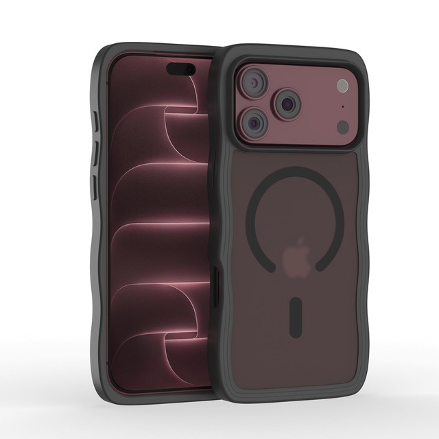 kasuziki iphone 18 pro max ケース MagSafe対応 ワイヤレス充電対応 半透明 ウェーブ うねうね 波型 マット 耐衝撃 TPUバンパー PC背面 スマホケース いphone18promax ケース(ブラック)