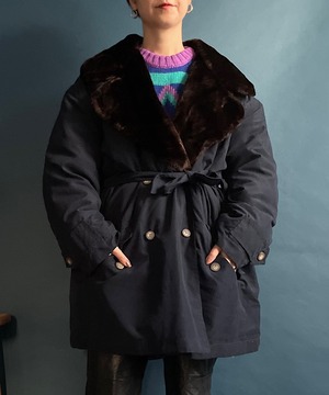 【送料無料】80's-90's Navy Fur Collar Double Breasted Coat