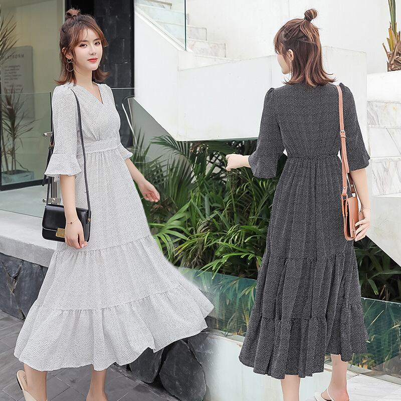 【新作】【送料無料】 新しいファッションVネックシフォンスモールポルカドットロングプラスサイズのマタニティドレスのマタニティウェア2019夏バージョン-アリババ 大きめサイズ サマー 夏物 expec250817172443