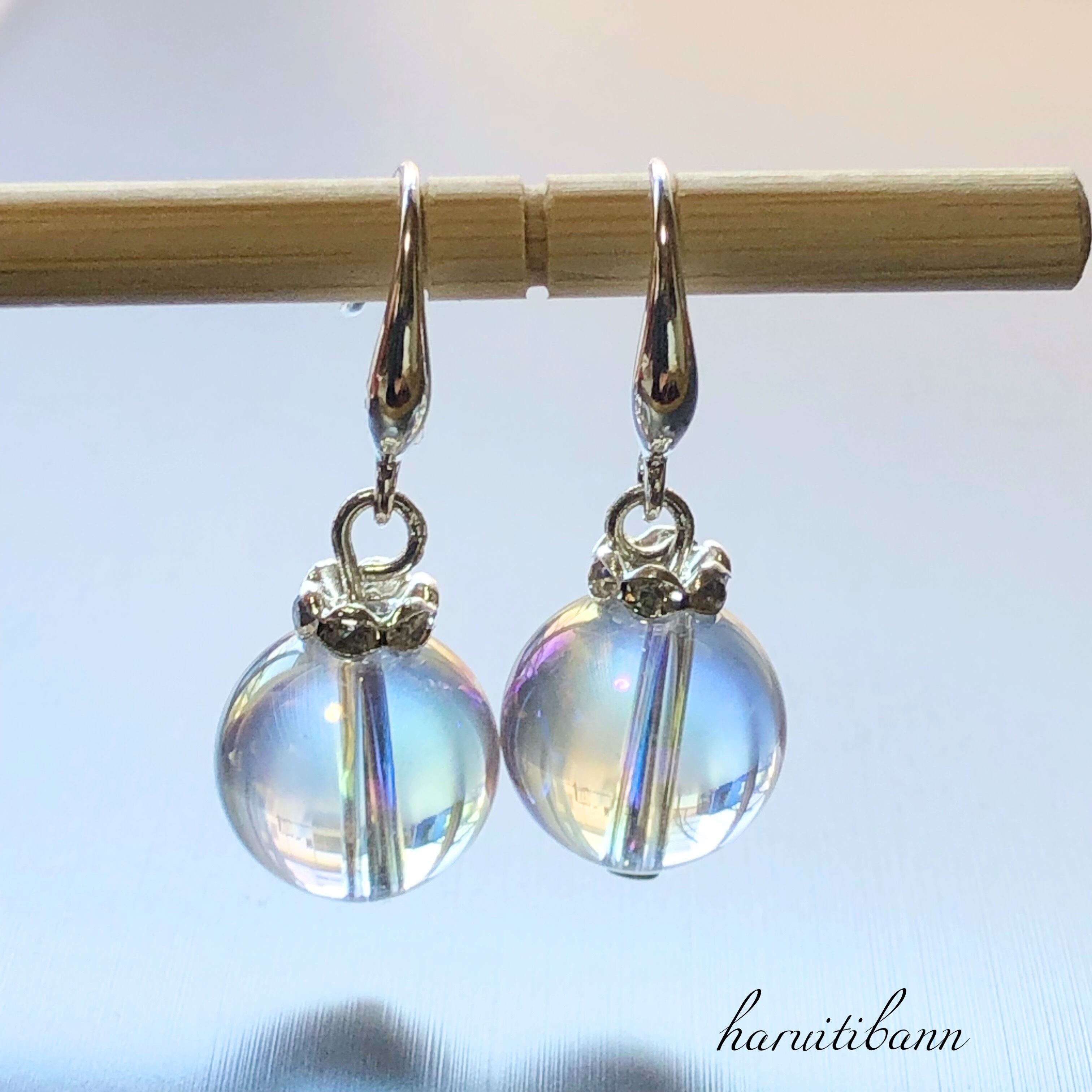 レインボーオーラ水晶 12mm シルバー925 1粒ピアス イヤリング 
