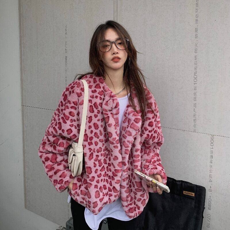 フェイクファーレオパードプリント柄ショートコート オータムウィンターベルベットトップス ピンク 秋物 冬物 ブラックストロベリース70522336602