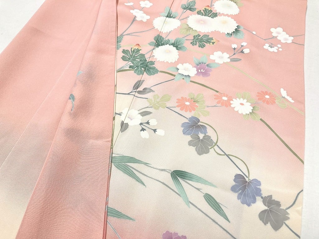 手描き友禅 四季の花々 訪問着 袷 正絹 サーモンピンク クリーム 白