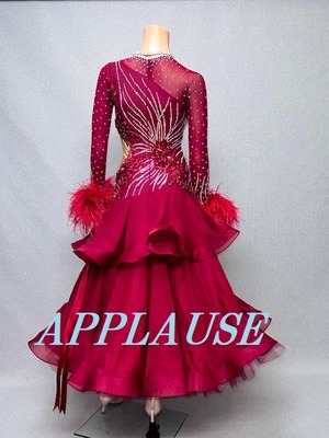 【新着】社交ダンス ドレス　スタンダード　モダンドレス　エンジ（袖ファー）　S～M　 ST-24-33　デモ・競技用ドレス　発表会衣装　パーティドレス　ワンピース　舞台衣装