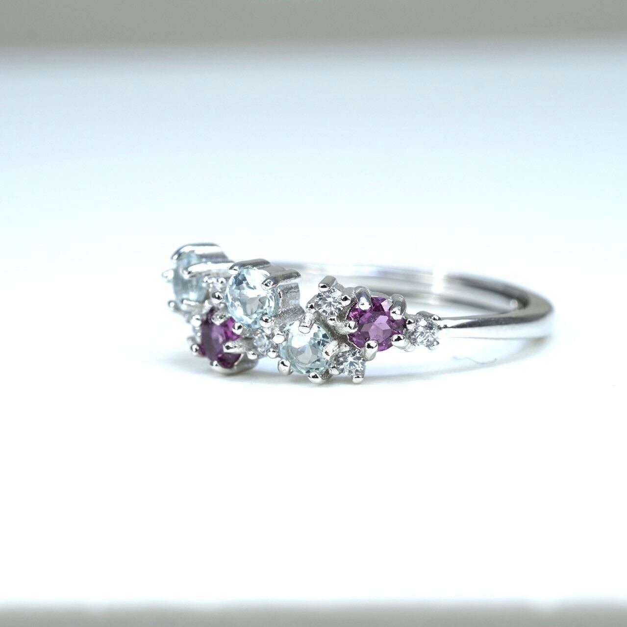 リースRing♦︎ロードライトガーネット・アクアマリン♦︎WGカラー《0025》