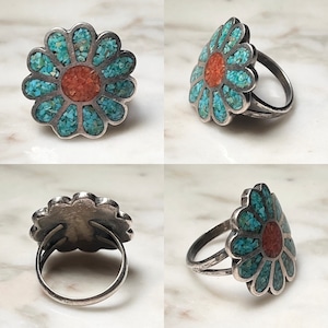 vintage silver tip inlay ring " flower "