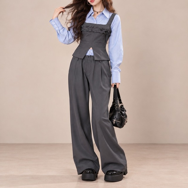 ビスチェ風ベスト×ストライプシャツ×ワイドパンツ コーデセット m0016