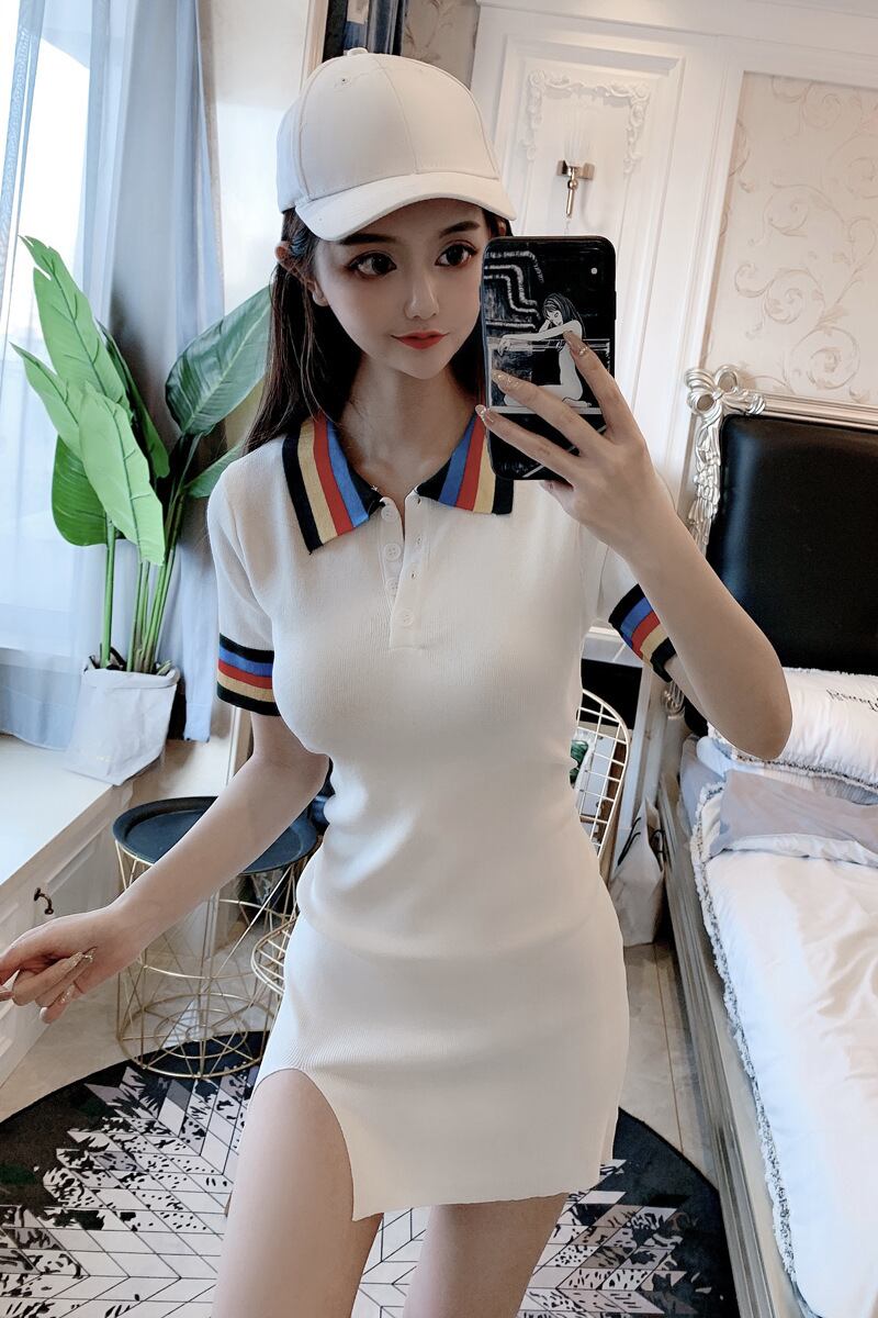 【新作】【送料無料】 2023 夏韓国女子カレッジスタイルラペルヒップカバースリムコントラストカラースリットニットドレス 3914 0375175009087