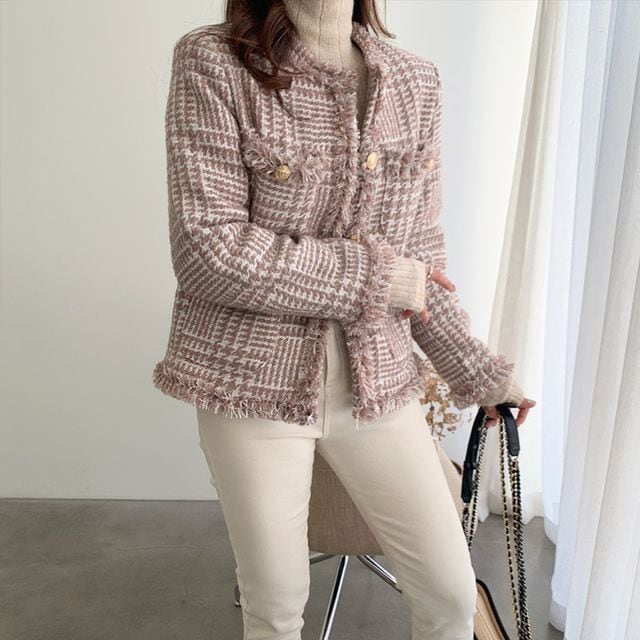 予約販売】ツイード ジャケット レディース 秋冬 フリンジ ノーカラー