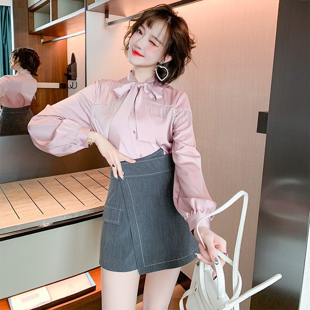 カラーシャツ スプリング リボン 春物 MIUCO23056575428