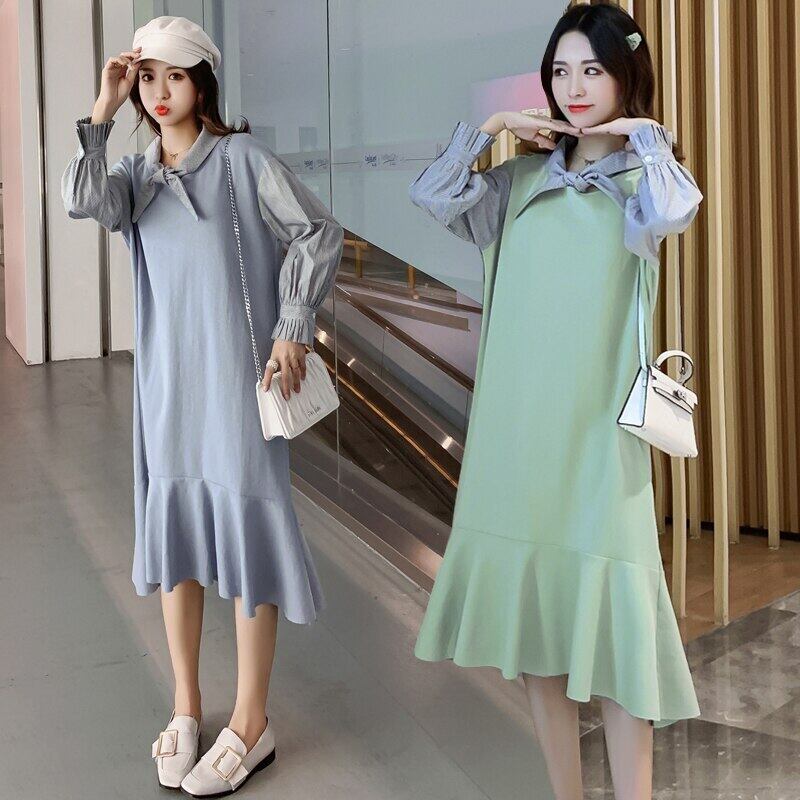 【新作】【送料無料】 6828＃マタニティ服サマーボウカラーミッドロングイージーマッチングルーズスタイリッシュドレス妊婦妊娠服 リボン 夏物 AL expec343511242779