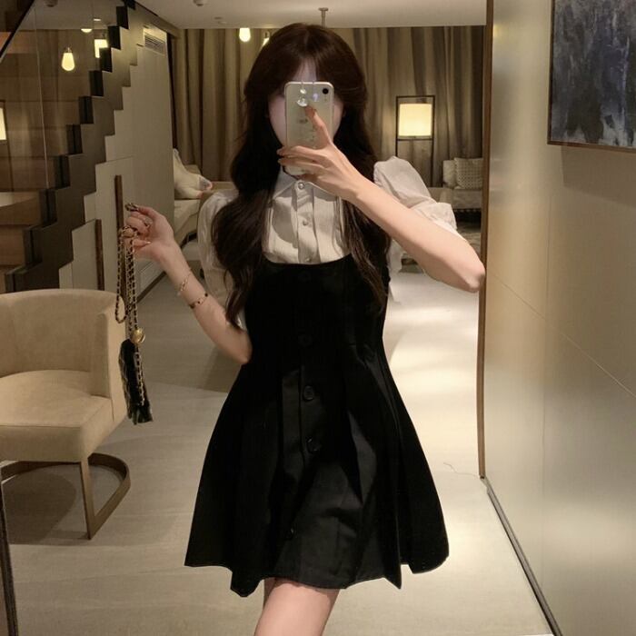 スタンダードウェストドレス サマースタイルスカート Aラインブラック レトロ 夏物 1号婦人67886926796