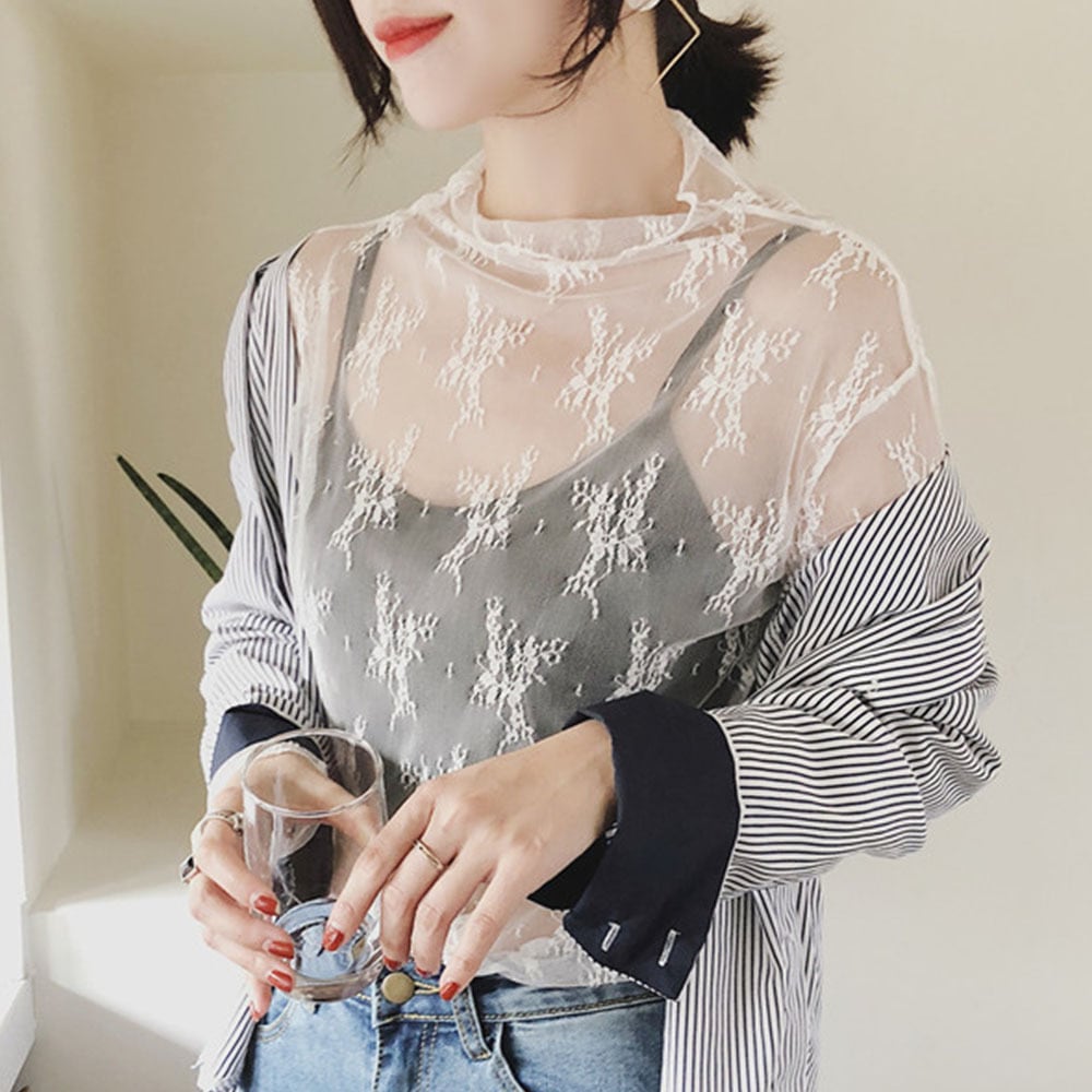 シアー トップス 長袖 レースチュール レディース 韓国 重ね着 透け感 きれいめ おしゃれ 大人 シースルー ハイネック レイヤード 紫外線対策 日焼け防止 大人可愛い 大人女子