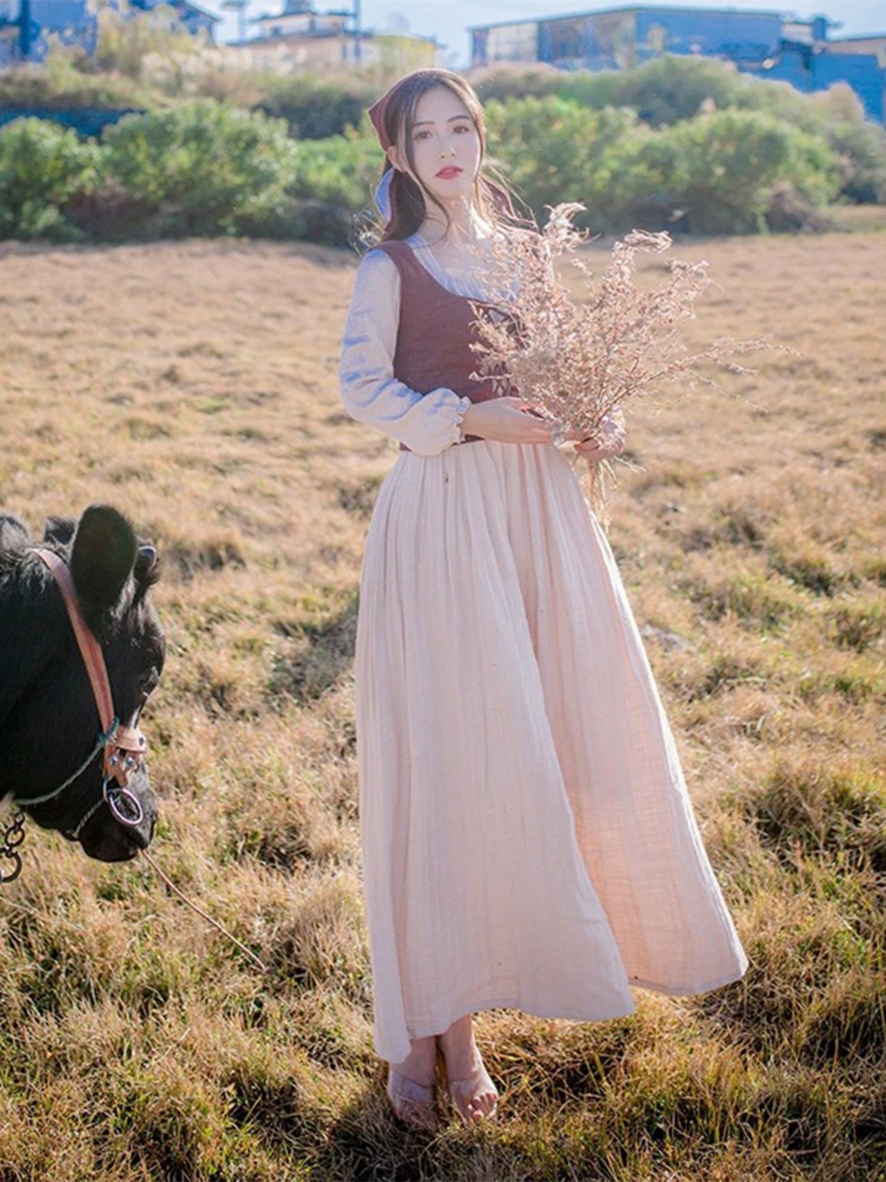 【0187】2sets Lace-up Ribbon Vest Long Sleeve Dress