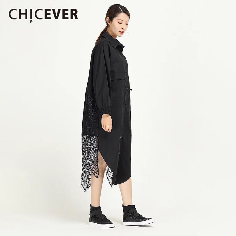CHICEVERPacthworkレースの女性のドレスラペル襟ランタン長袖ウエスト不規則な裾のドレス服 ロング 6base518707961745