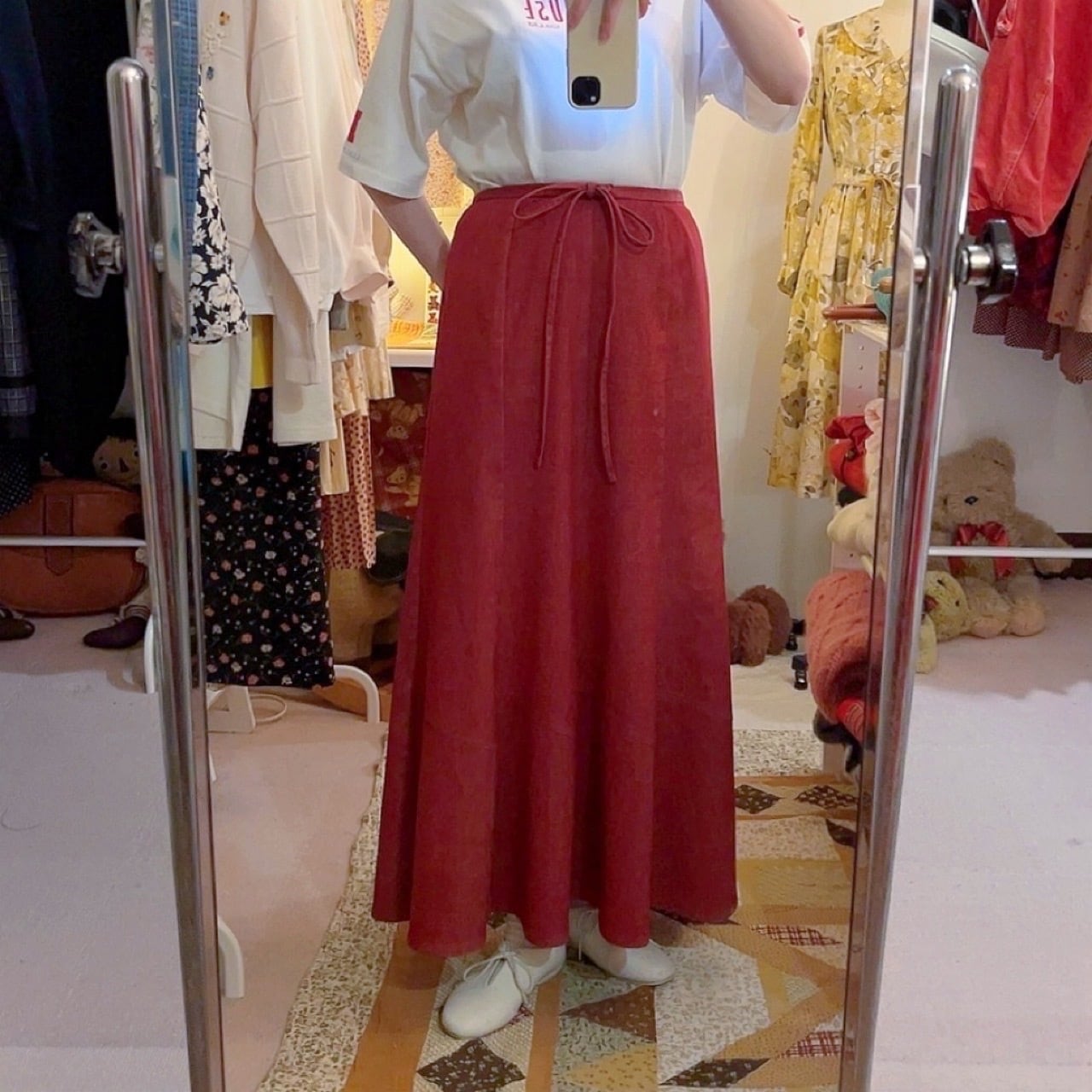 red denim seams flare skirt