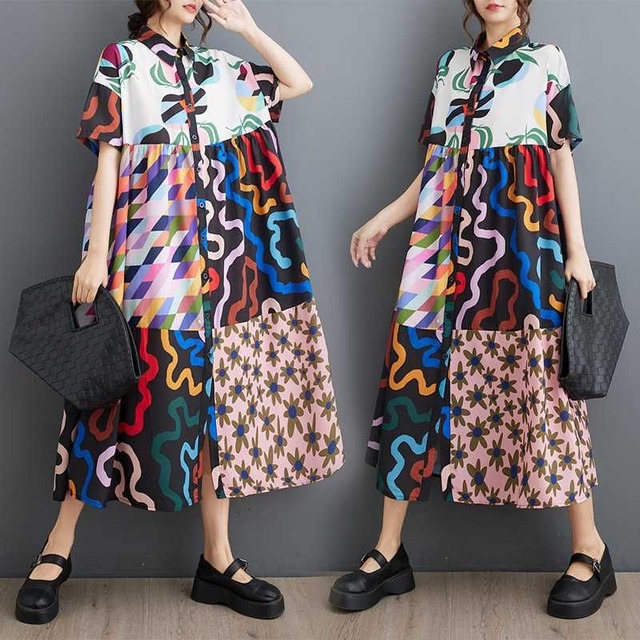 ASYMMETRIC PRINT PANEL SHIRT MIDI DRESS M-17395