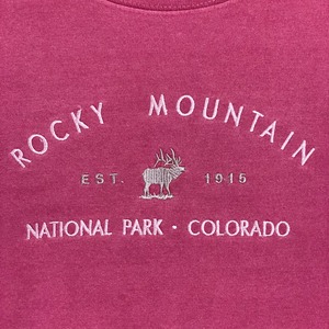 【GILDAN】ロッキーマウンテン国立公園 ROCKY MOUNTAIN NATIONAL PARK 刺繍 アーチロゴ スウェットトレーナー プルオーバー くすみレッド バーガンディ M US古着