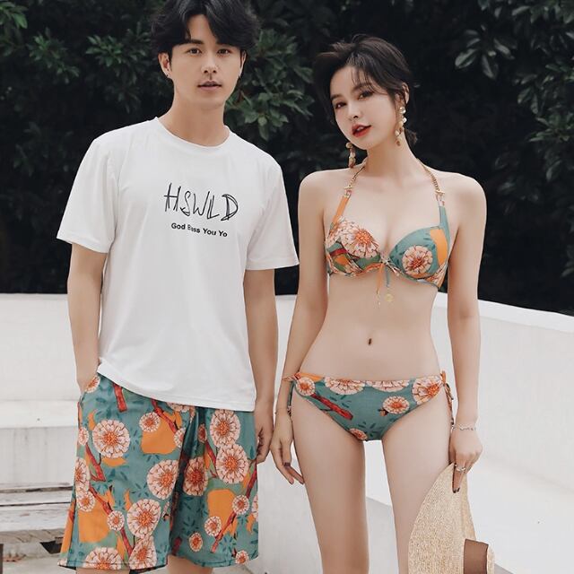 【予約販売】水着 カップル水着 4点セット ペアルック メンズ レディース フラワー柄 花柄 ビキニ アームカバー グリーン ワンピース 海水パンツ ペア水着 恋人 おそろい お揃い M/L/XL