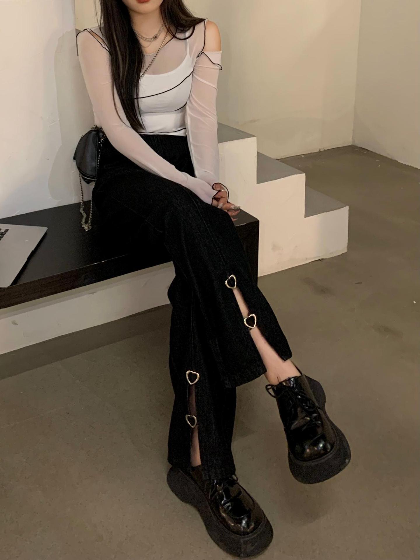 【新作】【送料無料】 香港のシックな女性用スリットジーンズ、ストレートレッグラブデザイン、ルーズで多用途、ホットガールワイドレッグパンツ、フロアレングスパンツ 0347407812385