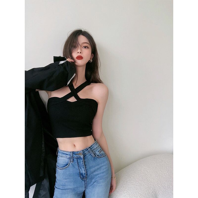 クロスホルターサマートップス ショートコート 夏物 ブラックストロベリース34214645073