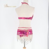 ベリーダンス オリエンタル 衣装 トップス ベルト セット ピンク系 ラインストーン スパンコール フリンジ キラキラ ダンス衣装 イベント ステージ 華やか 鮮やか かわいい 練習 レッスン シルバー系