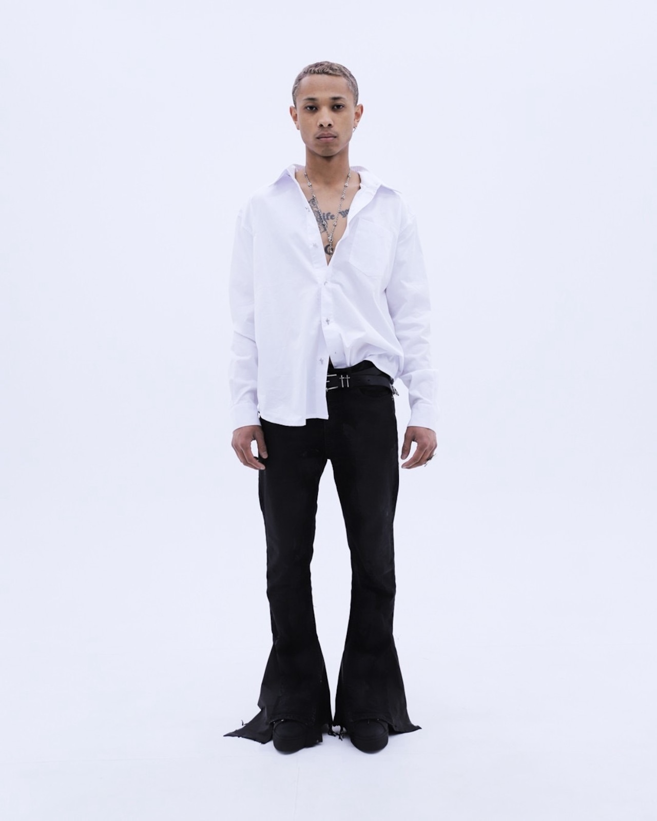 LAST NEST / white cross button LS shirts
