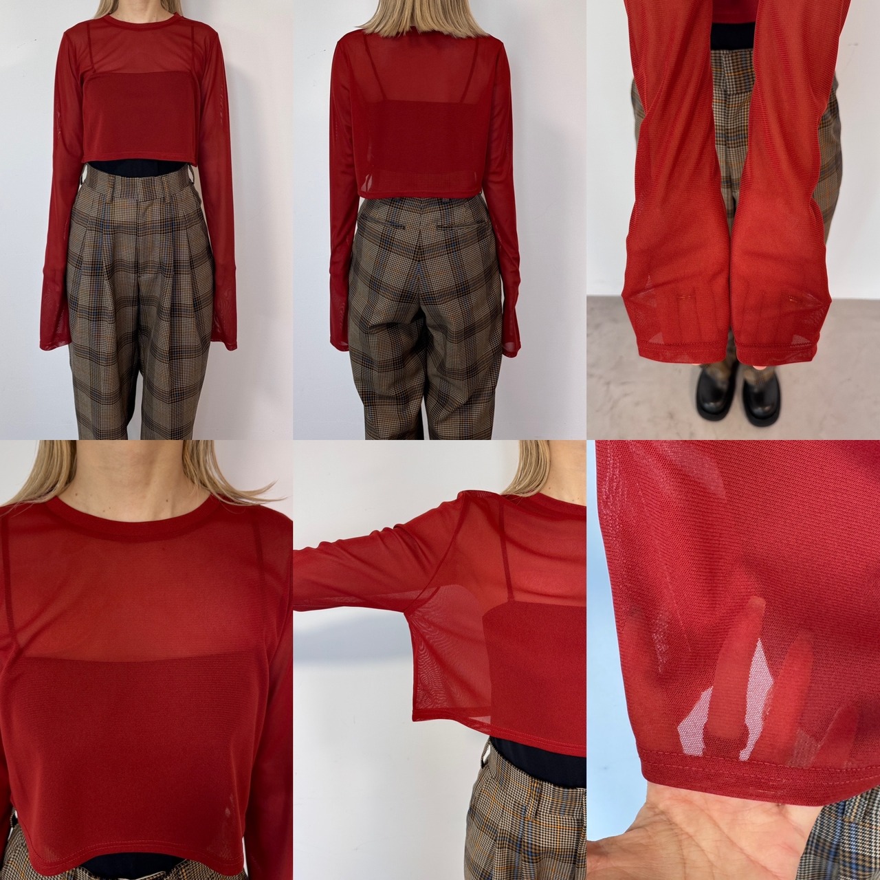 crew neck tulle sheer short tops/red
