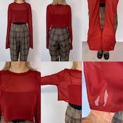 crew neck tulle sheer short tops/red