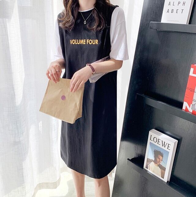 春夏新作 21 ワンピース 半袖 半袖ワンピース カットソー ワンピース レイヤード風 ワンピース 膝丈ワンピース ワンピース 膝丈 Aライン ワンピース 膝丈 ロゴワンピース ロゴプリント 英字ロゴ バイカラー ワンピース 配色 ワンピース ゆったり 体型カバー 3色 P7428