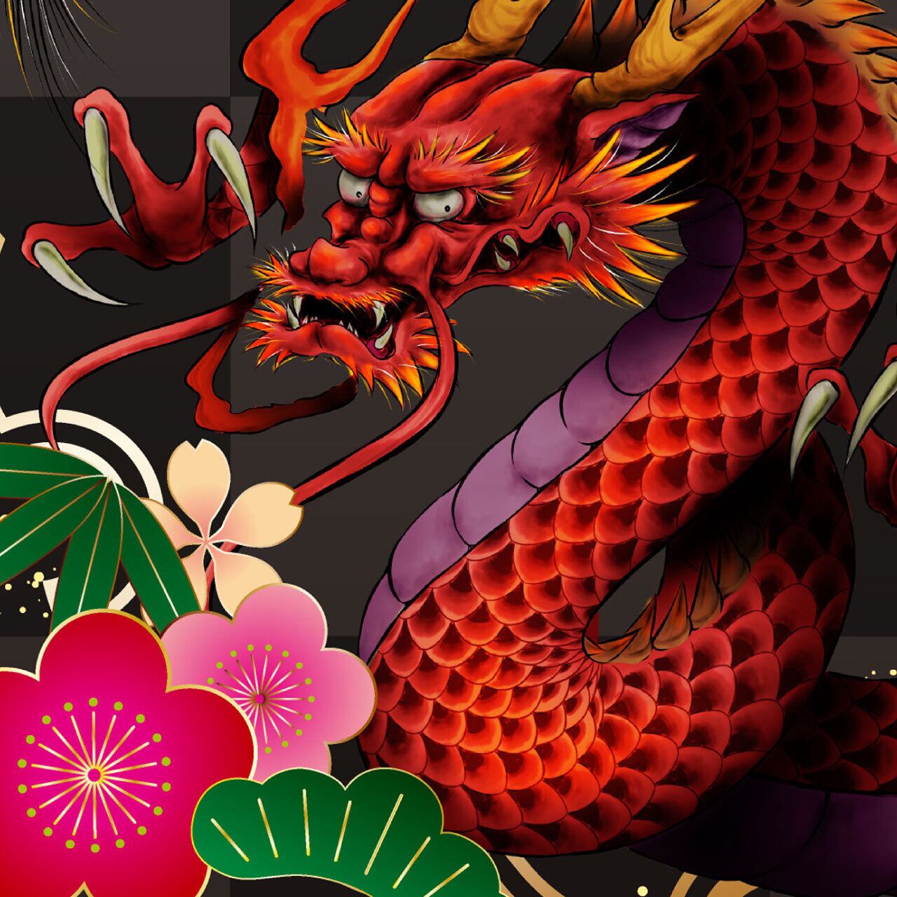 赤龍市松 デジタルポスター 日本画風アートイラスト Jpndragon 赤龍市松 デジタルポスター 日本画風アートイラスト Jpndragon