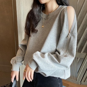 大きいサイズ 新品 秋冬 肩出し ジッパー 長袖　スウェット トレーナー 韓国風