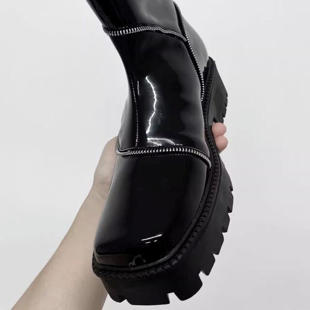 予約販売】ブーツ レザー メンズ 艶 ジッパー チャック ゴツ底 厚底 靴