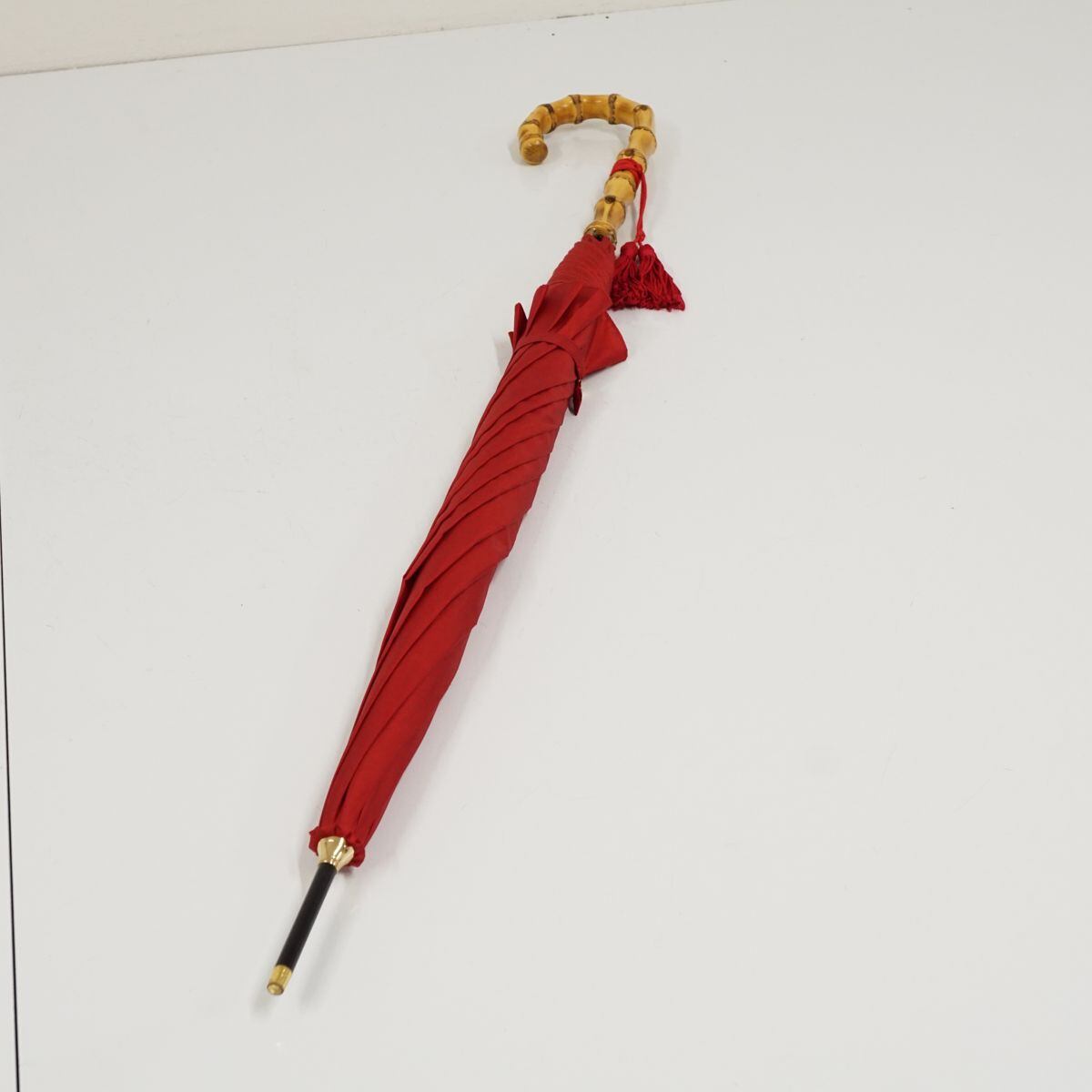 WAKAO ワカオ 傘 USED美品 バンブークラシック シンプル レッド 赤 無地 富士絹 高級 55cm KR A0159