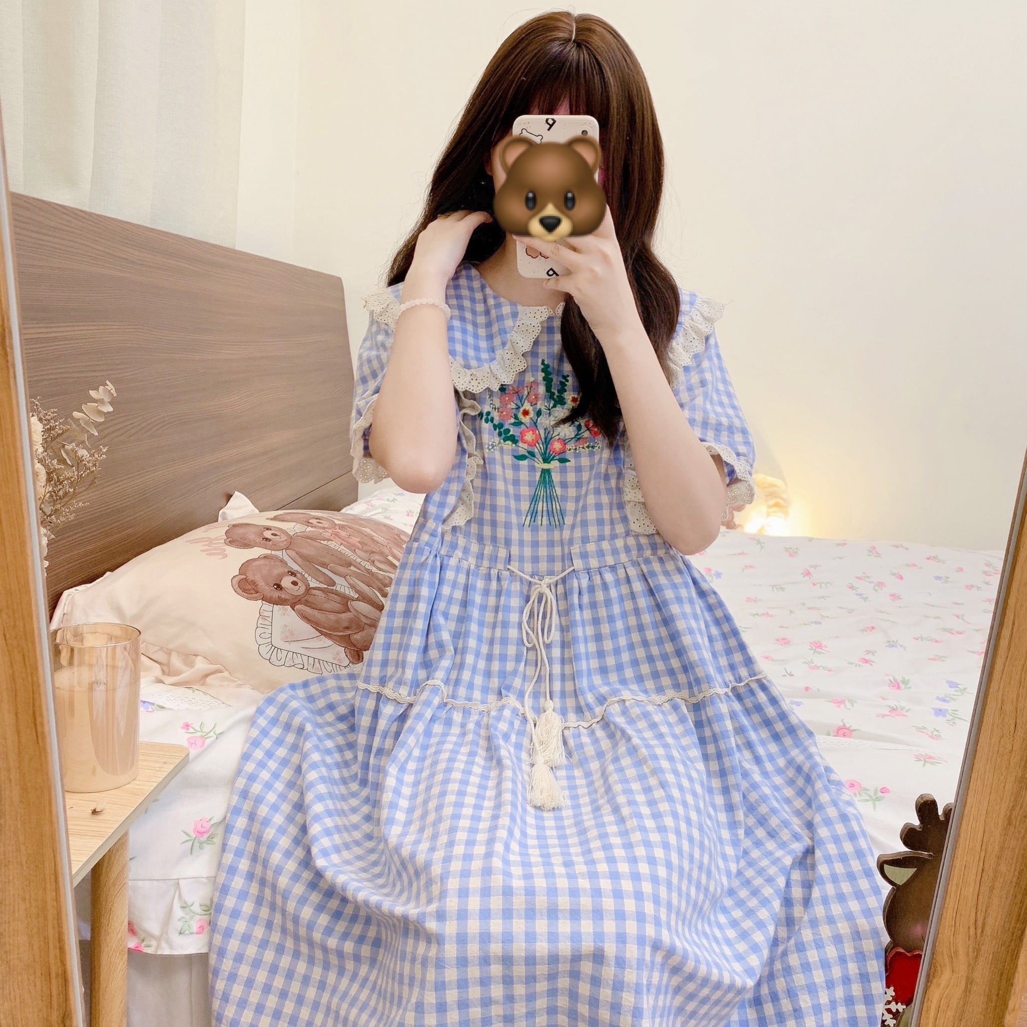 ギンガムチェックフラワー刺繡ワンピース ロング丈 チェック柄 花柄  