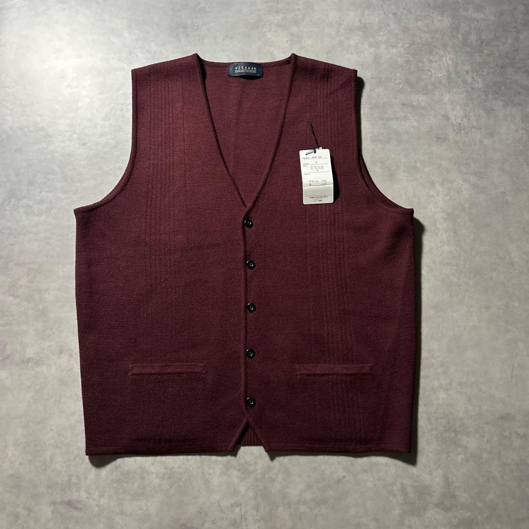 古着 花柄刺繍 前開き 編み上げリボン ウール ノースリーブ ベスト 赤