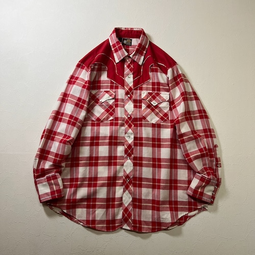 70〜80s USA　襟芯　スナップボタン　チェック　ウエスタン　長袖シャツ　レッド　ホワイト　17/34 古着