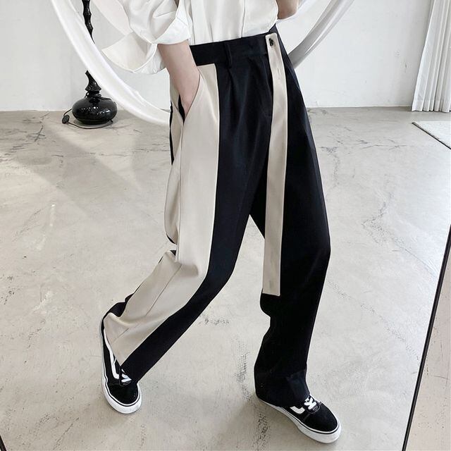 【予約販売】ロングパンツ メンズ モード バイカラー ブラック ボトムス きれいめ スタイリッシュ こなれ感 お洒落 結婚式 二次会 韓国 トレンド 春 夏 秋 M/L/XL