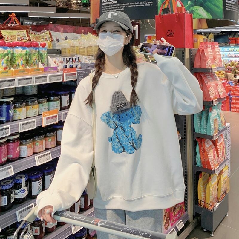 ホワイトラウンドネックセーター スプリングオータムルーズ 大きめサイズ 春物 秋物 Oネック スーパーモール77987888932